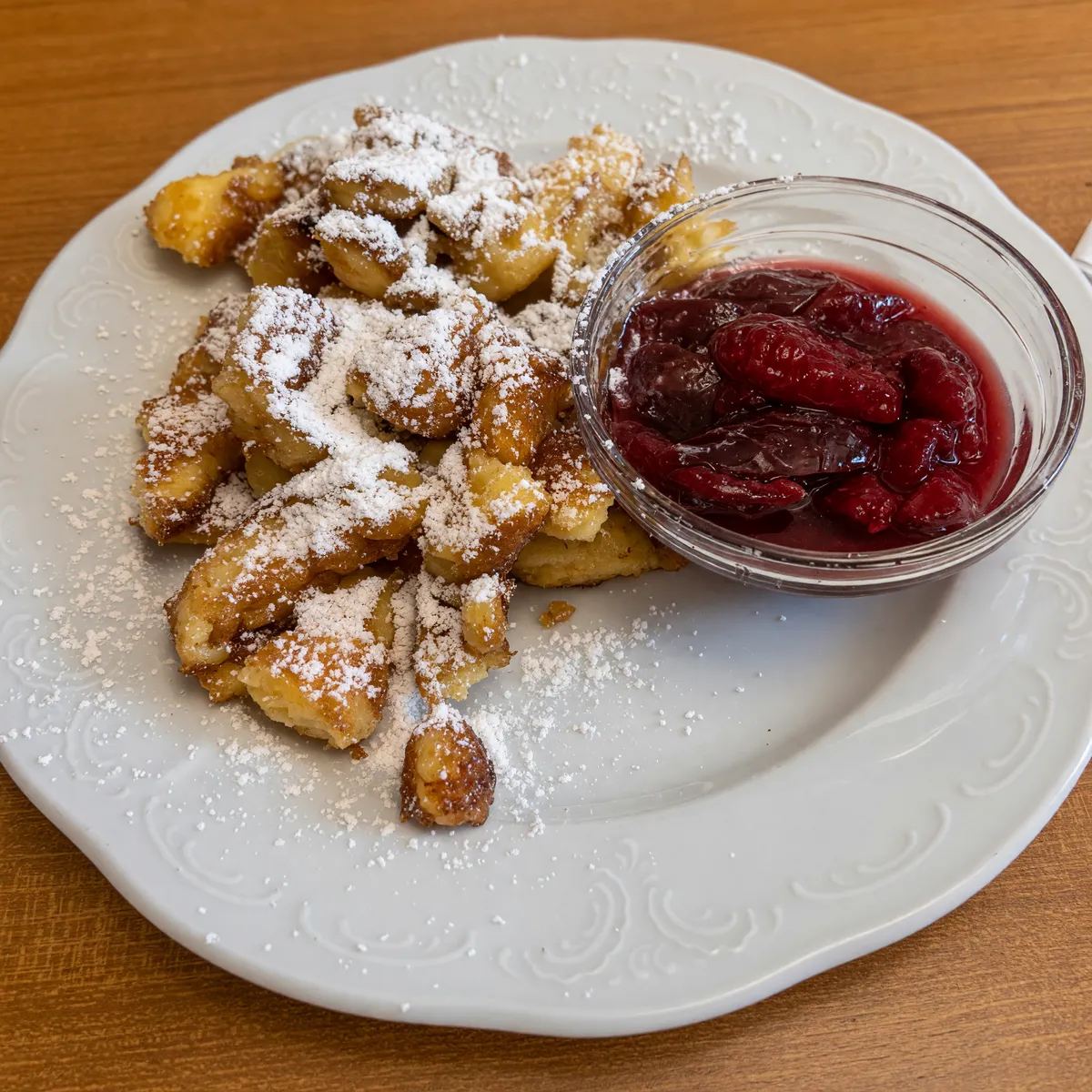 Kaiserschmarrn mit Staubzucker und einem Schälchen Röster